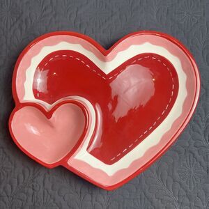 Valentine Red & Pink Large Double Hearts Ceramic Chip 'n Dip Tray Bowl 14" 2006